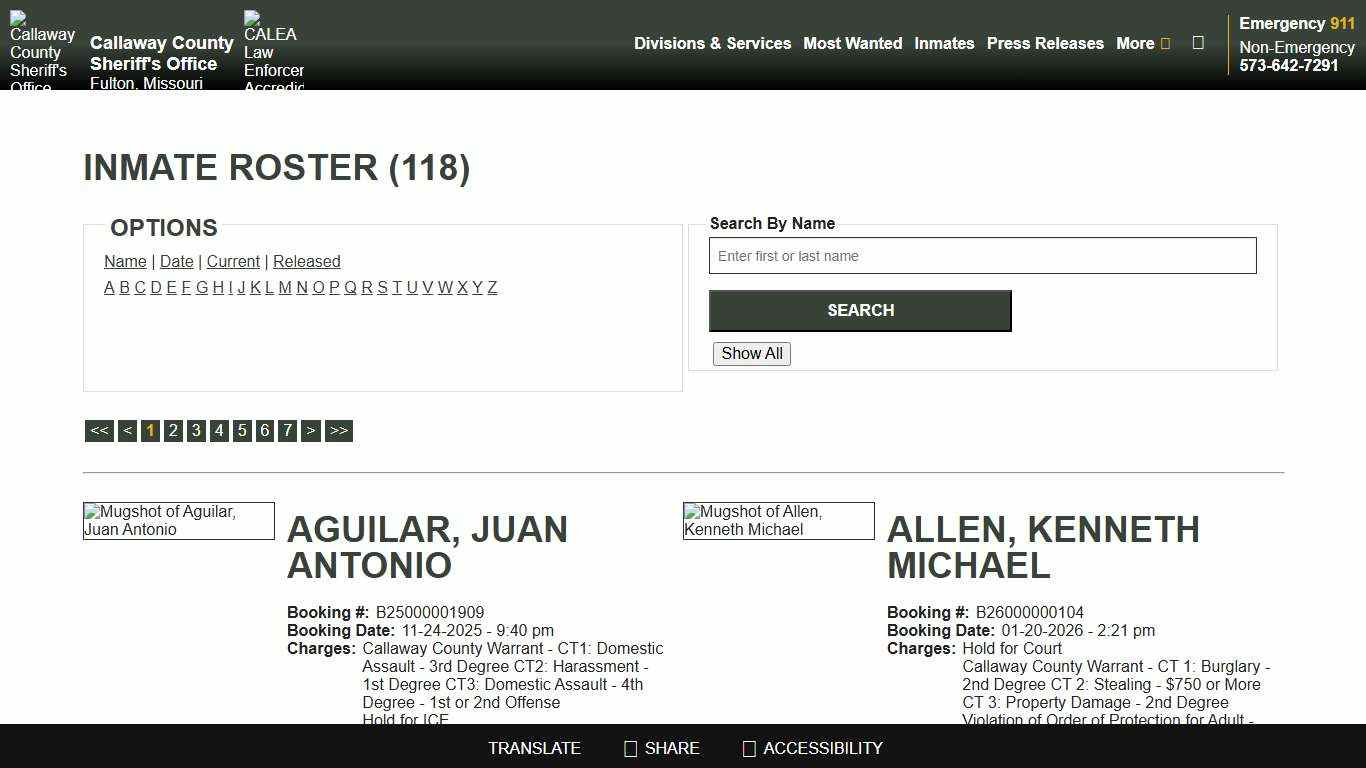 Inmate Roster - Current Inmates - Callaway County Sheriff's Office, Missouri