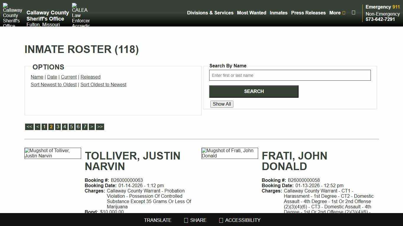 Inmate Roster - Page 2 Current Inmates Booking Date Descending - Callaway County Sheriff's Office, Missouri
